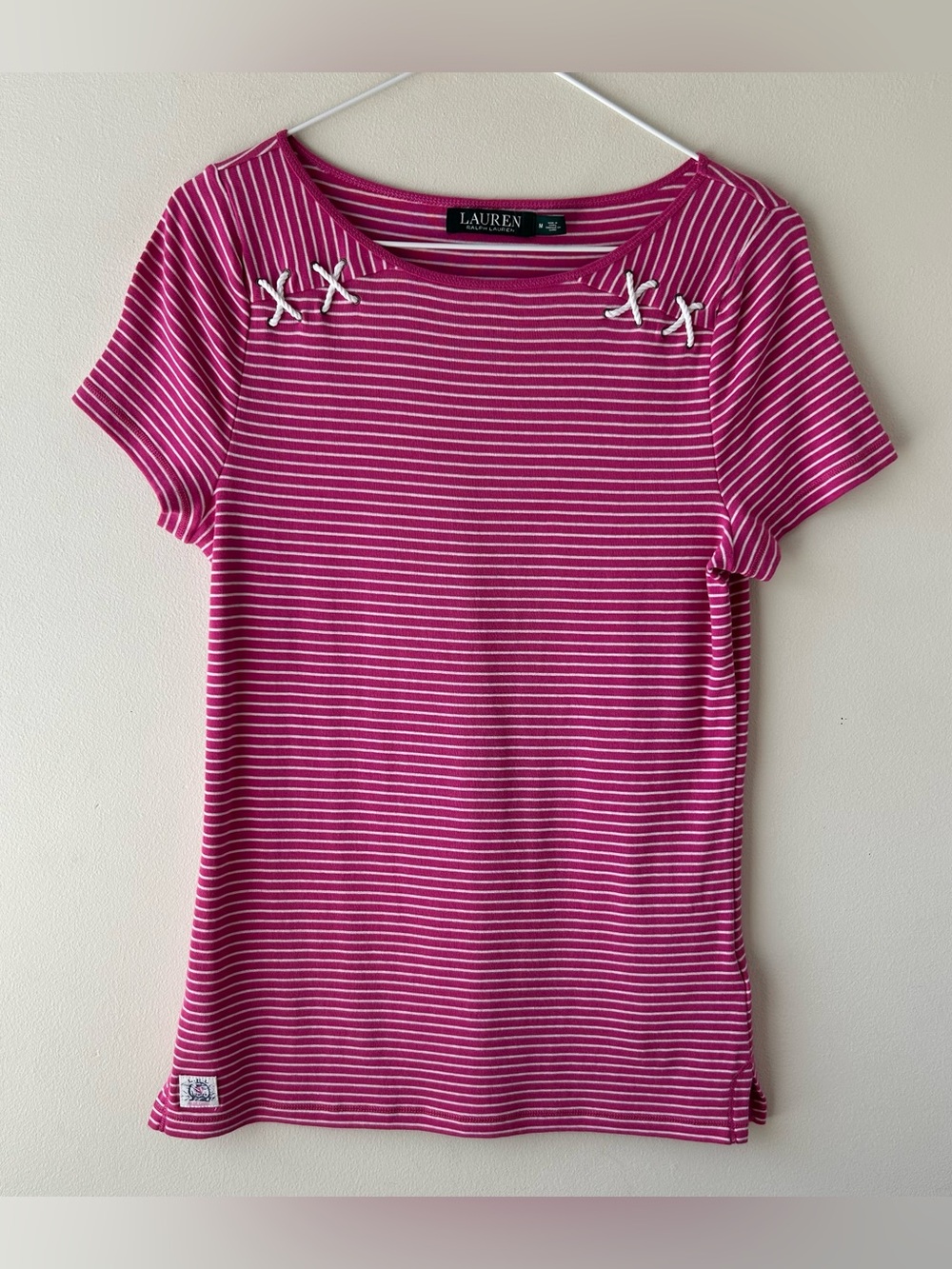 5 FOR $25 | Lauren Ralph Lauren 100% Cotton Stripe T-Shirt Tee Shirt Fuchsia M